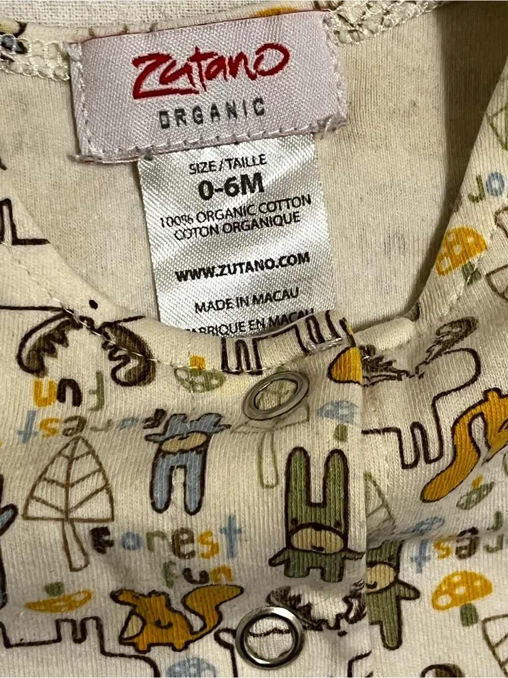 Zutano Organic Cotton One Piece Snap Front Woodland Forest Animals Infant 0-6mo
